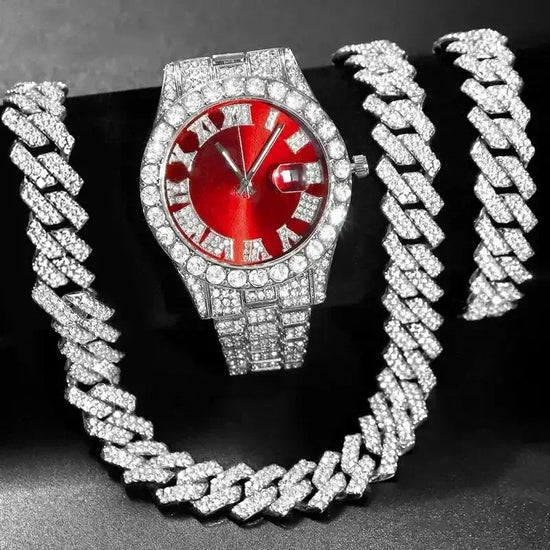 Rhinestone Hip Hop Cuban Chain Watch Set