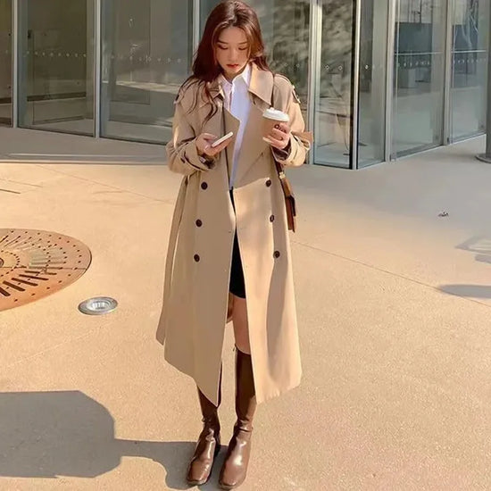 Streetwear Loose Trench Coat Midi Length Fashion Korean Elegant Khaki Black Women&